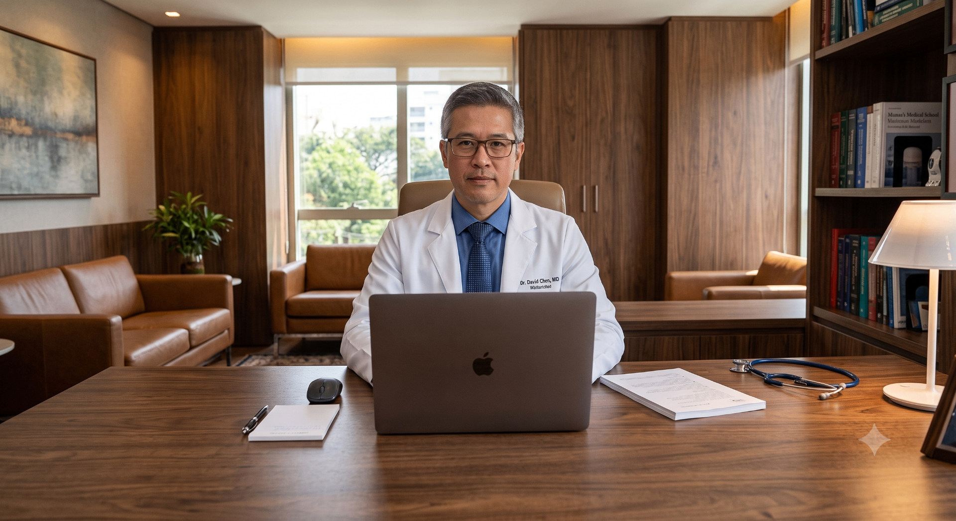 Médico em consultório trabalhando no notebook